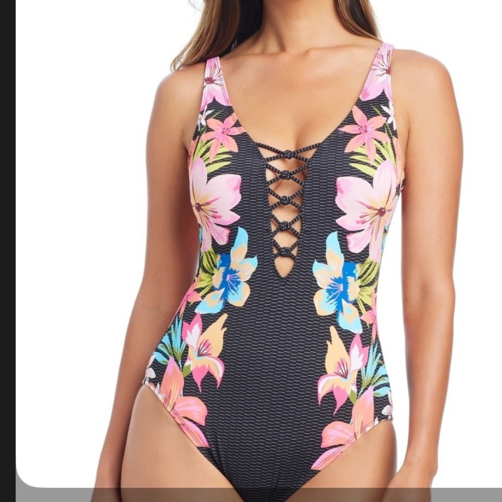 Bleu Rod Beattie Womens Floral Lace Up One-Piece Swimsuit Multi Size 4 $125MSRP